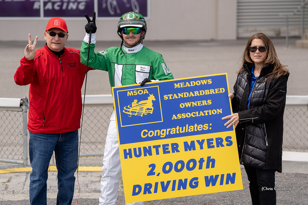 Hunter Myers honoured by The Meadows and MSOA for his 2,000th driving win, achieved on April 20 at Northfield Park