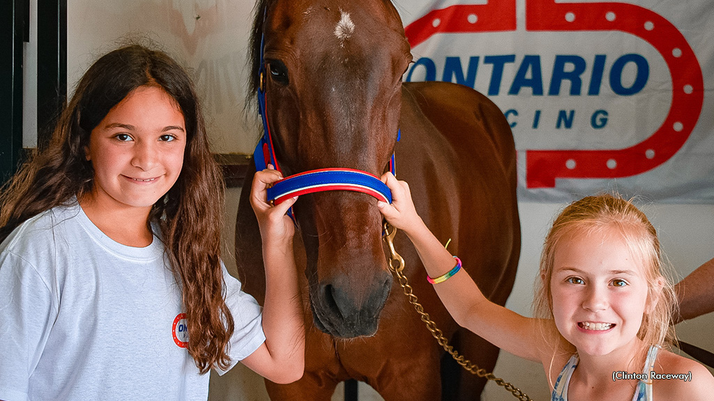 Young fans take a picture with a retired Standardbred at Clinton Raceway's open house