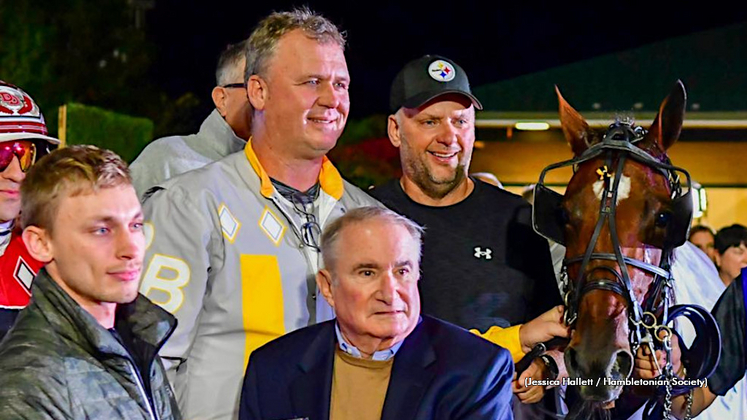 The connections of 2023 Breeders Crown winner My Girl EJ, including trainer Ron Burke