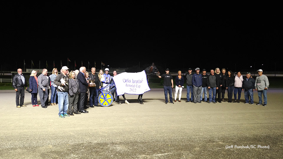 The connections of Linedrive Hanover in the Flamboro Downs winner's circle